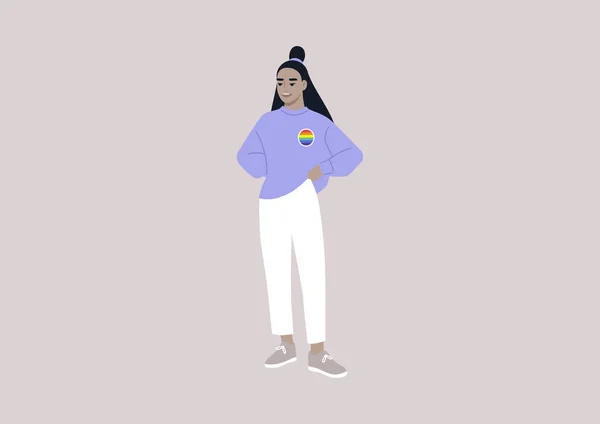 Young Asian Character Wearing Rainbow Pin Sweater Lgbtq Community — Image vectorielle