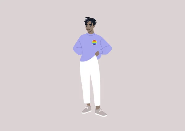 Young African Character Wearing Rainbow Pin Sweater Lgbtq Community — Image vectorielle