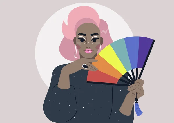 Drag Queen Rainbow Hand Fan Wearing Shiny Black Dress Bright — Archivo Imágenes Vectoriales