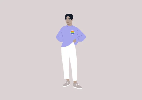 Young Asian Character Wearing Rainbow Pin Sweater Lgbtq Community — 图库矢量图片