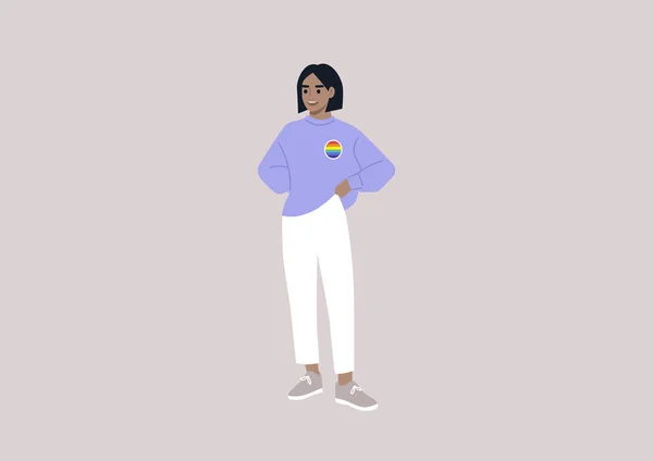 Young Caucasian Character Wearing Rainbow Pin Sweater Lgbtq Community — Image vectorielle