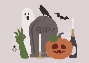 A carved pumpkin, a graveyard stone, candles, a zombie hand with a spider hanging from it, and other decorations, commonly associated with the Halloween holiday