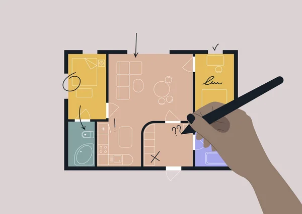 Hand Editing Architectural Floor Plan Two Bedroom Apartment Bathroom Dining — Stockvector