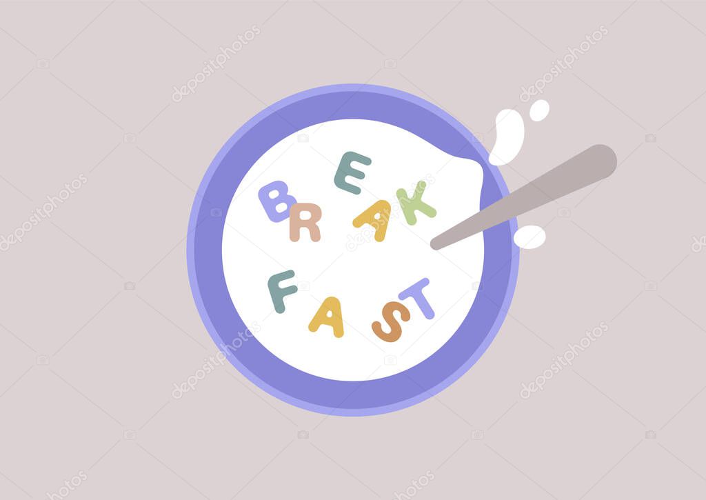 A top view of a bowl with milk and colorful cereals shaped as letters, a breakfast concept