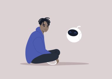 A young male African character chatting with a chat bot, new technologies and modern lifestyle