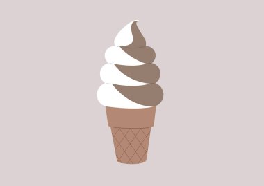 Soft ice cream in a waffle cone, a mixed flavor of vanilla and chocolate