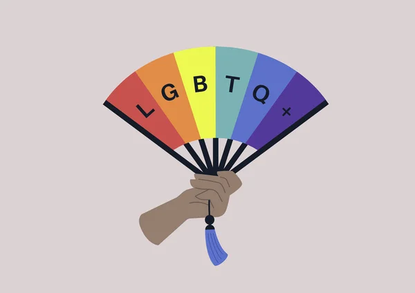 Hand Held Rainbow Fan Lgbtq Letters Written Gay Pride — Stok Vektör