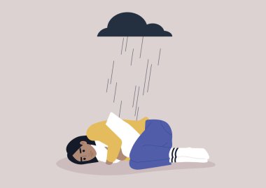 A young upset Caucasian character squeezing a pillow, a black rain cloud hovering above them