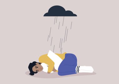 A young upset Caucasian character squeezing a pillow, a black rain cloud hovering above them