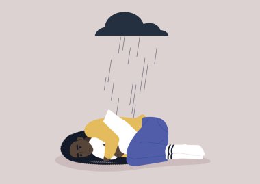 A young upset African character squeezing a pillow, a black rain cloud hovering above them
