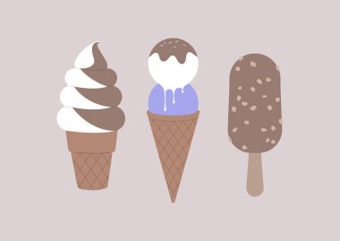 A set of three ice creams, melting gelato in a waffle cone, Soft mixed flavor of vanilla and chocolate, and a popsicle coated with nuts