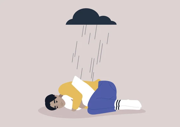Young Upset Asian Character Squeezing Pillow Black Rain Cloud Hovering — Vettoriale Stock