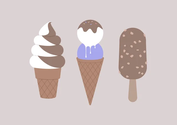 Set Three Ice Creams Melting Gelato Waffle Cone Soft Mixed — Vector de stock