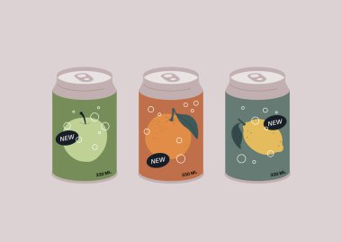 A set of three canned soft drinks with different flavors, green apple, orange, and citrus clipart