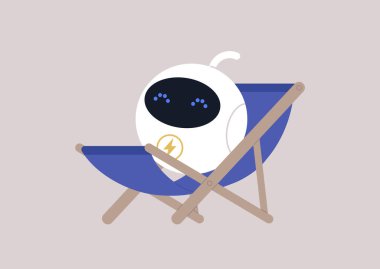 Renewable solar energy concept, a cute round robot charging from the sunlight on a deck chair, summertime outdoor lifestyle