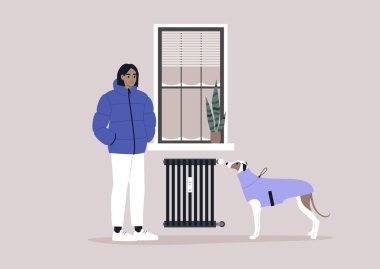 A young female Caucasian character freezing at home with their dog due to high heating price, European energy crisis