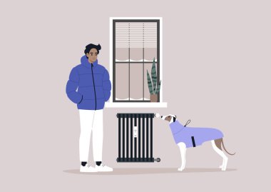 A young male Caucasian character freezing at home with their dog due to high heating price, European energy crisis