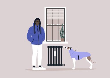 A young female African character freezing at home with their dog due to high heating price, European energy crisis