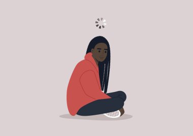 A young character spacing out with a loading circle spinning above their head