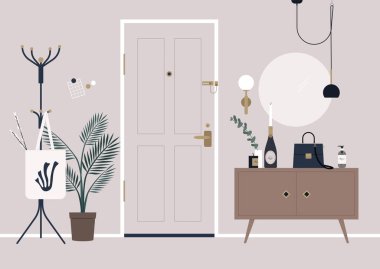 A decorated apartment entryway, a door secured with a chain guard, a coat rack, and a mirror on the wall
