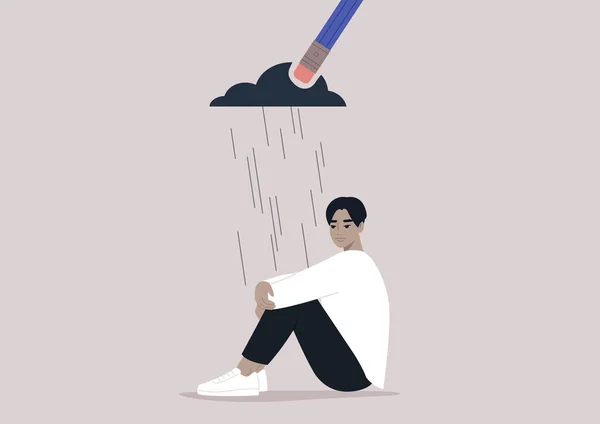 一个年轻而心烦意乱的亚洲男人抱着膝盖 一支铅笔橡皮擦去了笼罩在上面的乌云 这是在经历了巨大的损失后恢复的过程 — 图库矢量图片