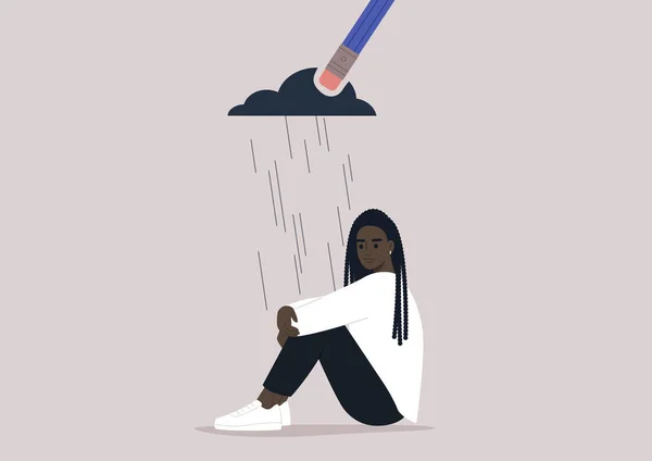 一个年轻而心烦意乱的非洲女性角色抱着膝盖 一支铅笔橡皮擦去了笼罩在他们上方的乌云 这是在经历了巨大的损失后恢复的过程 — 图库矢量图片