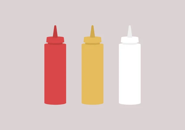 Ein Satz Gewürzflaschen Ketchup Senf Und Mayo Fast Food Restaurant — Stockvektor