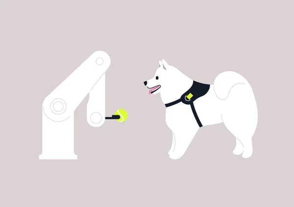 Brazo Robótico Jugando Una Pelota Con Perro Samoyedo Tecnologías Futuristas — Vector de stock