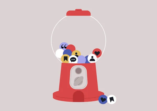 Smm彩票 一种老式的胶球机 上面印着五颜六色的球 上面印有社交媒体图标 关注者 喜欢病毒内容 — 图库矢量图片