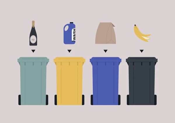 有四个不同颜色的轮式垃圾箱 显示可循环再用物料的类型 显示如何正确分类废物的资讯图 — 图库矢量图片