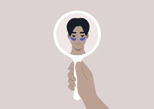 Jeune Homme Asiatique Portant Des Bandeaux Beauté Regardant Leur Reflet — Image vectorielle