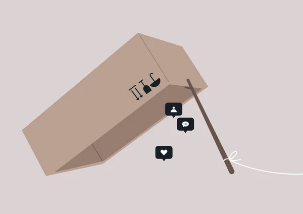 Een Box Stick Trap Met Social Media Iconen Als Lokaas — Stockvector