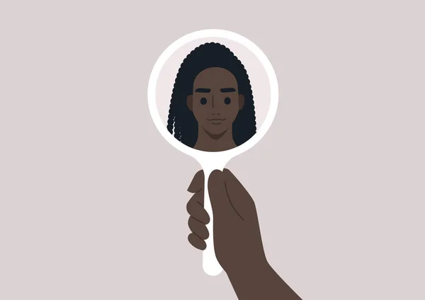 Uma Jovem Personagem Africana Olhando Para Seu Reflexo Espelho Amor —  Vetores de Stock