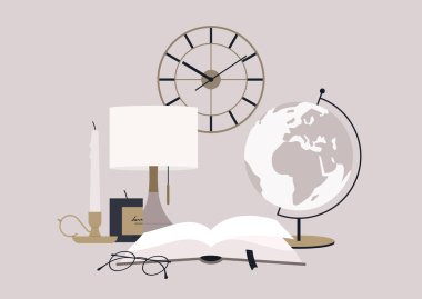 Okuma sahnesi, açık bir kitap, sert bir kapakta kurdele yer imi, kokulu bir mum, bir lamba ve metal gözlük çerçevesi.