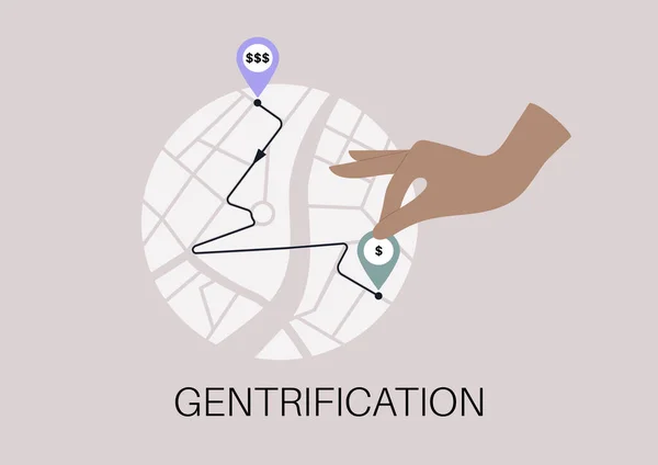 Gentrifiering Hand Flytta Geo Tag Från Ett Område Till Ett — Stock vektor
