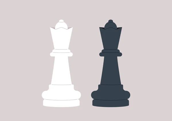 Schaken Spel Zwart Wit Koningin Stukken Confronteren Elkaar — Stockvector
