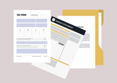 Evrak işleri konsepti, vergi beyannameleri, mali faturalar, birikmiş iş mektupları, günlük rutin işler.