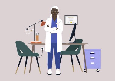 Kabinelerinde beyaz bir bornoz giyen kıdemli bir doktor. Sağlık kontrolü randevusu.