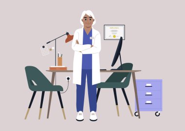Kabinelerinde beyaz bir bornoz giyen kıdemli bir doktor. Sağlık kontrolü randevusu.