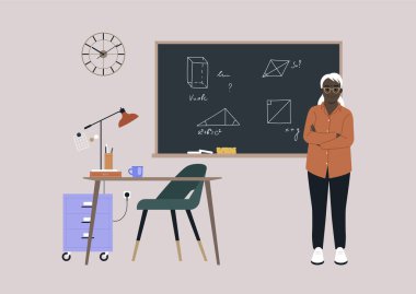 Kolları kavuşturulmuş bir tahtanın yanında duran Geometri öğretmeni.