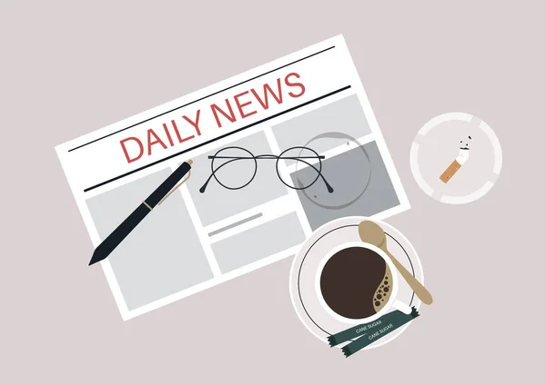 Morgengewohnheiten Frühstück Mit Kaffee Zigaretten Und Zeitung — Stockvektor