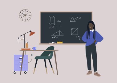 Geometri dersi, genç bir Afrikalı bayan öğretmen ya da bir karatahtanın yanında duran bir öğrenci.