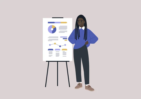 データ分析と最適化 フリップチャートに印刷された研究報告書を提示する若い女性アフリカのキャラクター — ストックベクタ