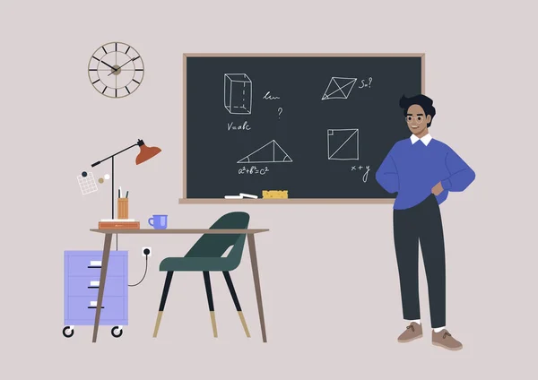 Geometri Dersi Beyaz Bir Erkek Öğretmen Tahtaya Yakın Duran Bir — Stok Vektör