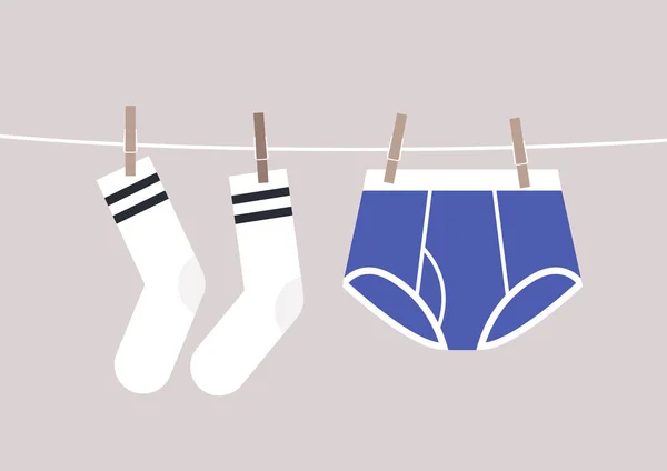 Ondergoed Sokken Met Wasknijpers Vastgepeld Aan Een Koord Dat Buiten — Stockvector