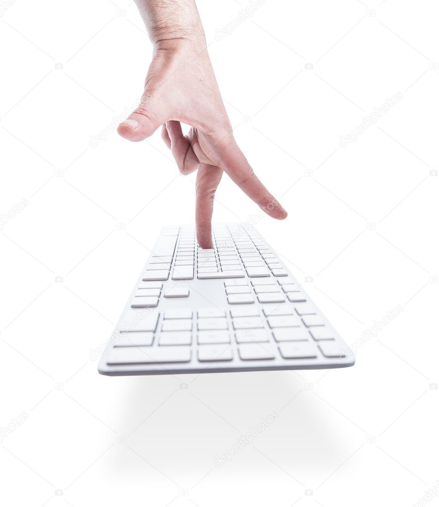 Hand typing on floating keyboard isolated on white background