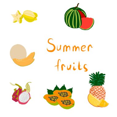 exotic Fruits set with text. colorful flat Vector