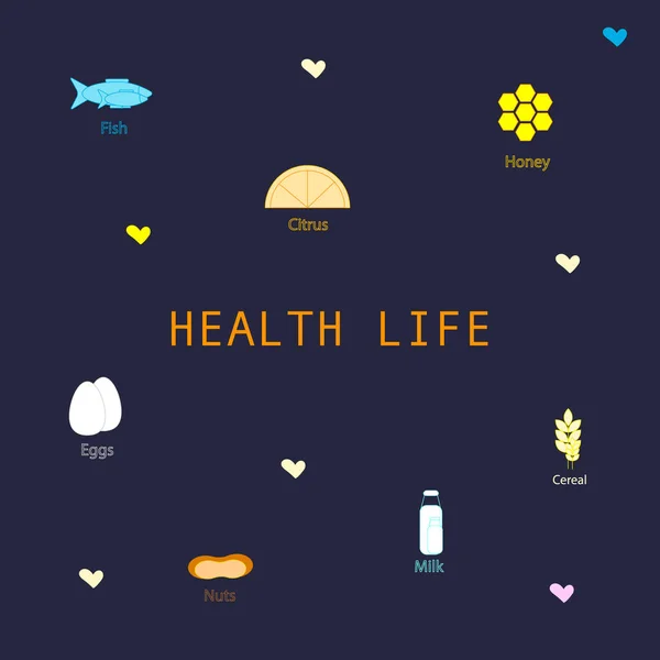 Żywieniowe elementy życia zdrowotnego. Płaski kolorowy wektor — Wektor stockowy