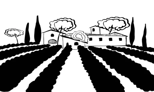 Zwart-wit met de hand getekend Toscana platteland — Stockvector