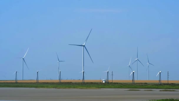 Turbinas eólicas con palas para generar electricidad entre un campo amarillo contra un cielo azul claro. Energía alternativa — Vídeo de stock